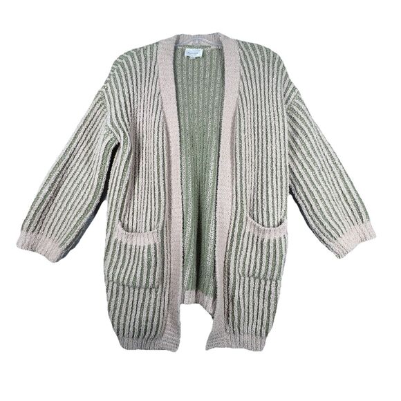 Line and Dot Sweater Womens Medium Taupe Olive‎ Stripe Open Kimberly Cardigan - Picture 1 of 10